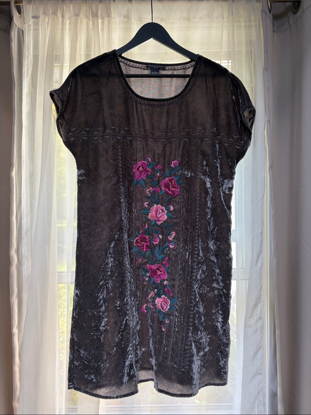Chelsea & Theodore Black Velvet Tunic with Pink Floral Embroidery